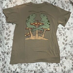 Indie / Psychedelic Cotton Graphic Tee of Green Frogs and Mushrooms
